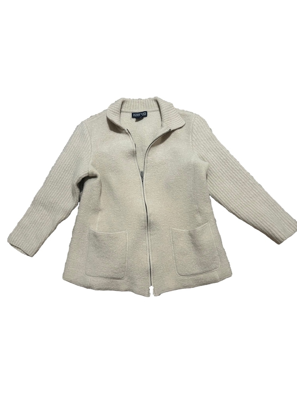 Vintage Lands End 100%  Wool Cream Zip Front Textured Knit Jacket 12